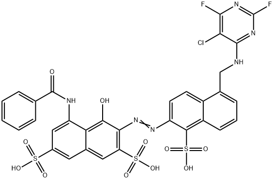 5-(ベンゾイルアミノ)-3-[[5-[[(5-クロロ-2,6-ジフルオロ-4-ピリミジニル)アミノ]メチル]-1-スルホ-2-ナフタレニル]アゾ]-4-ヒドロキシナフタレン-2,7-ジスルホン酸 化学構造式
