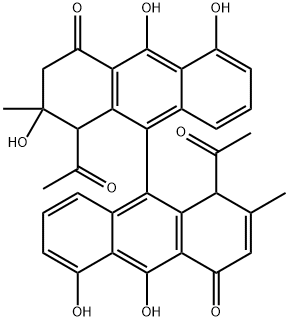 1,1'-ジアセチル-2,3-ジヒドロ-2,5,5',10,10'-ペンタヒドロキシ-2,2'-ジメチル[9,9'-ビアントラセン]-4,4'(1H,1'H)-ジオン 化学構造式