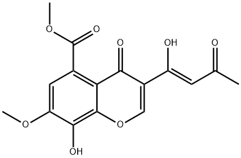 8-Hydroxy-3-(1-hydroxy-3-oxo-1-butenyl)-7-methoxy-4-oxo-4H-1-benzopyran-5-carboxylic acid methyl ester Struktur