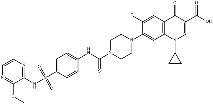 3-Quinolinecarboxylic acid, 1-cyclopropyl-6-fluoro-1,4-dihydro-7-[4-[[[4-[[(3-Methoxy-2-pyrazinyl)aMino]sulfonyl]phenyl]aMino]thioxoMethyl]-1-piperazinyl]-4-oxo- Structure