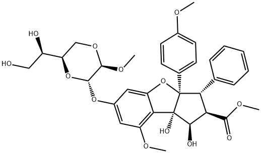 (1R,2R,3S,3aR,8bS)-6-[[(2S,3R,6R)-6-[(1R)-1,2-Dihydroxyethyl]-3-methoxy-1,4-dioxan-2-yl]oxy]-2,3,3a,8b-tetrahydro-1,8b-dihydroxy-8-methoxy-3a-(4-methoxyphenyl)-3-phenyl-1H-cyclopenta[b]benzofuran-2-carboxylic acid methyl ester Struktur