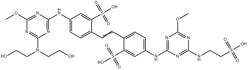 Benzenesulfonic acid, 5-[[4-[bis(2-hydroxyethyl) amino]-6-methoxy-1,3,5-triazin-2-yl]amino]-2-[2- [4-[[4-methoxy-6-[(2-sulfoethyl)amino]-1,3,5-triazi n-2-yl]amino]-2-sulfophenyl]ethenyl]- 结构式