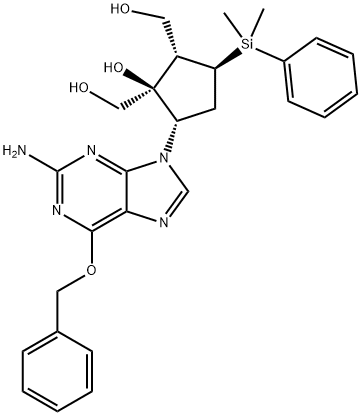 [(1S,2S,3S,5S)-5-[2-Amino-6-(benzyloxy)-9H-purin-9-yl]-3-[dimethyl(phenyl)silyl]-1-hydroxycyclopentane-1,2-diyl]dimethanol 化学構造式