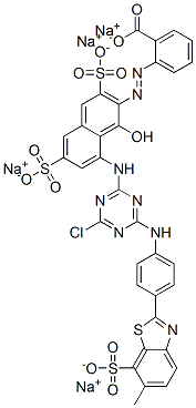 tetrasodium 2-[[8-[[4-chloro-6-[[4-(6-methyl-7-sulphonatobenzothiazol-2-yl)phenyl]amino]-1,3,5-triazin-2-yl]amino]-1-hydroxy-3,6-disulphonato-2-naphthyl]azo]benzoate Struktur