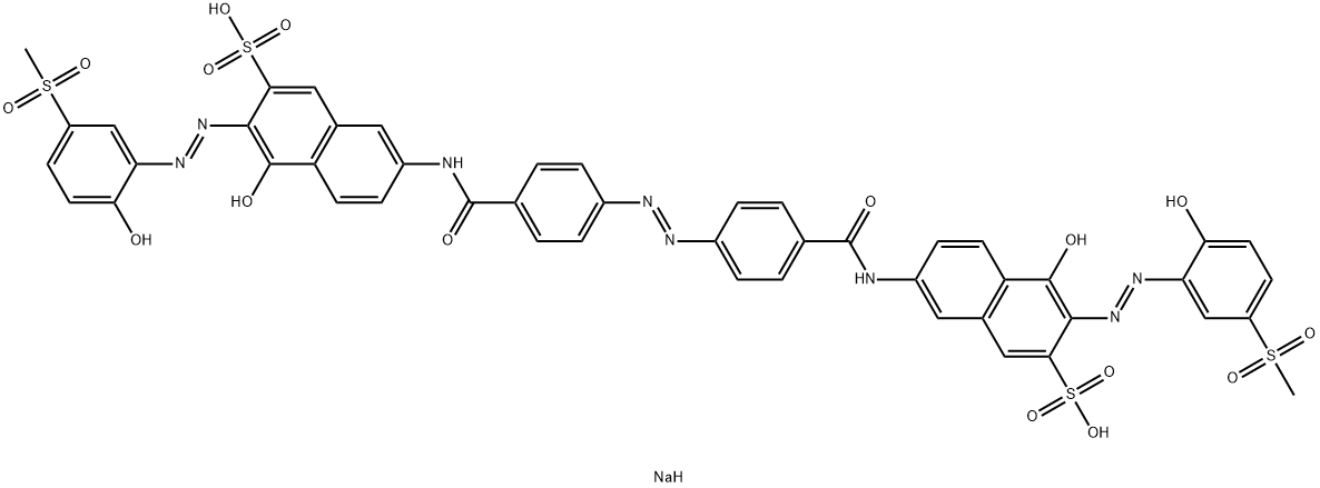 disodium 7,7'-[azobis(4,1-phenylenecarbonylimino)]bis[4-hydroxy-3-[[2-hydroxy-5-(methylsulphonyl)phenyl]azo]naphthalene-2-sulphonate] Struktur