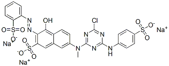 trisodium 7-[[4-chloro-6-[(4-sulphonatophenyl)amino]-1,3,5-triazin-2-yl]methylamino]-4-hydroxy-3-[(2-sulphonatophenyl)azo]naphthalene-2-sulphonate Structure