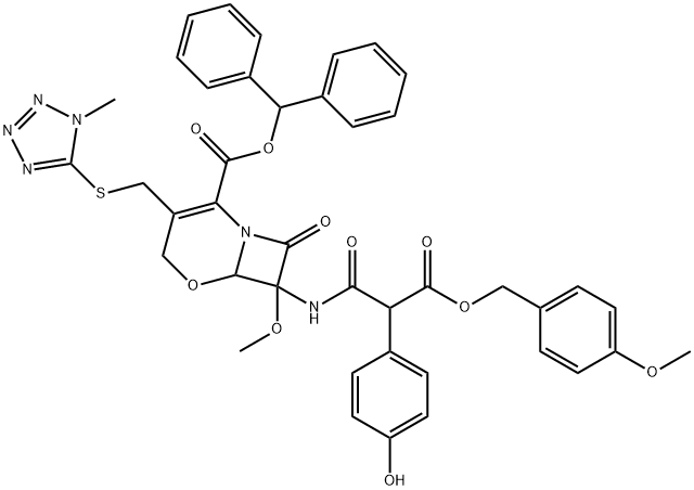 benzhydryl 7-[[2-(4-hydroxyphenyl)-3-(4-methoxybenzyloxy)-3-oxopropionyl]amino]-7-methoxy-3-[[(1-methyl-1H-tetrazol-5-yl)thio]methyl]-8-oxo-5-oxa-1-azabicyclo[4.2.0]oct-2-ene-2-carboxylate Struktur