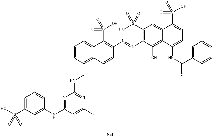 1-Hydroxy-8-benzoylamino-2-[1-sulfo-5-[4-fluoro-6-(3-sulfoanilino)-1,3,5-triazin-2-yl]aminomethyl-2-naphtylazo]-3,5-naphthalenedisulfonic acid tetrasodium salt,70817-81-1,结构式