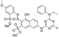 disodium 7-[[4-(ethylphenylamino)-6-fluoro-1,3,5-triazin-2-yl]amino]-4-hydroxy-3-[(4-methoxy-2-sulphonatophenyl)azo]naphthalene-2-sulphonate,70833-38-4,结构式