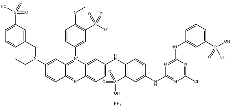 Phenazinium, 3-[[4-[[4-chloro-6-[(3-phosphonophenyl)amino]-1,3,5-triazin-2-yl]amino]-2-sulfophenyl]amino]-7-[ethyl[(3-sulfophenyl)methyl]amino]-5-(4-methoxy-3-sulfophenyl)-, hydroxide, inner salt, triammonium salt,70851-44-4,结构式