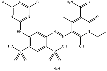 4-[[[5-(アミノカルボニル)-1-エチル-1,6-ジヒドロ-2-ヒドロキシ-4-メチル-6-オキソピリジン]-3-イル]アゾ]-6-[(4,6-ジクロロ-1,3,5-トリアジン-2-イル)アミノ]-1,3-ベンゼンジスルホン酸ジナトリウム 化学構造式
