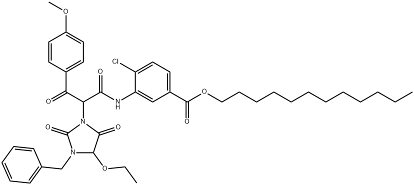 alpha-(4-甲氧基苯甲酰基)-alpha-(1-苄基-5-乙氧基海因)-2-氯-5-十二烷氧基羰基乙酰苯胺 结构式