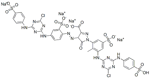 1H-Pyrazole-3-carboxylic acid, 1-[3-[[4-chloro-6-[(4-sulfophenyl)amino]-1,3,5-triazin-2-yl]amino]-2-methyl-5-sulfophenyl]-4-[[4-[[4-chloro-6-[(4-sulfophenyl)amino]-1,3,5-triazin-2-yl]amino]-2-sulfophenyl]azo]-4,5-dihydro-5-oxo-, tetrasodium Structure