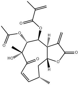 2-Methylpropenoic acid [(3aS,4S,5R,6R,8Z,10S,11aR)-5-acetoxy-2,3,3a,4,5,6,7,10,11,11a-decahydro-6-hydroxy-6,10-dimethyl-3-methylene-2,7-dioxocyclodeca[b]furan-4-yl] ester,71060-21-4,结构式