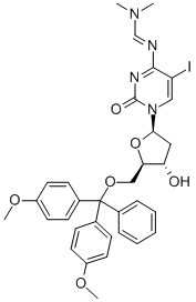 5'-O-(DIMETHOXYTRITYL)-N4-DIMETHYLAMINOMETHYLIDENE-5-IODO-2'-DEOXYCYTIDINE Struktur