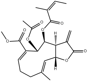(3aS,4S,5S,6E,10E,11aR)-5-Acetoxy-2,3,3a,4,5,8,9,11a-octahydro-10-methyl-3-methylene-4-[[(Z)-2-methyl-1-oxo-2-butenyl]oxy]-2-oxocyclodeca[b]furan-6-carboxylic acid methyl ester 结构式