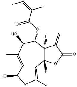 (Z)-2-Methyl-2-butenoic acid [(3aS,4R,5R,6E,8R,10E,11aR)-2,3,3a,4,5,8,9,11a-octahydro-5,8-dihydroxy-6,10-dimethyl-3-methylene-2-oxocyclodeca[b]furan-4-yl] ester Struktur