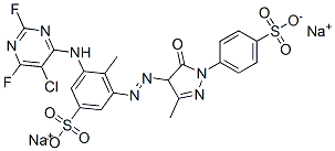 3-[(5-クロロ-2,6-ジフルオロ-4-ピリミジニル)アミノ]-5-[[[4,5-ジヒドロ-3-メチル-5-オキソ-1-(4-スルホフェニル)-1H-ピラゾール]-4-イル]アゾ]-4-メチルベンゼンスルホン酸二ナトリウム 化学構造式