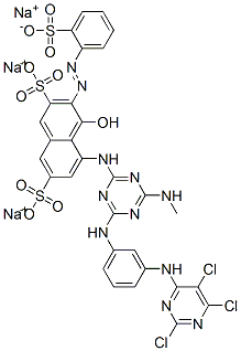 trisodium 4-hydroxy-5-[[4-(methylamino)-6-[[3-[(2,5,6-trichloro-4-pyrimidinyl)amino]phenyl]amino]-1,3,5-triazin-2-yl]amino]-3-[(2-sulphonatophenyl)azo]naphthalene-2,7-disulphonate|4-羟基-5-[[4-(甲氨基)-6-[[3-[(2,5,6-三氯-4-嘧啶基)氨基]苯基]氨基]-1,3,5,-三嗪-2-基]氨基]-3-[(2-磺酸苯基)偶氮]萘-2,7-二磺酸三钠