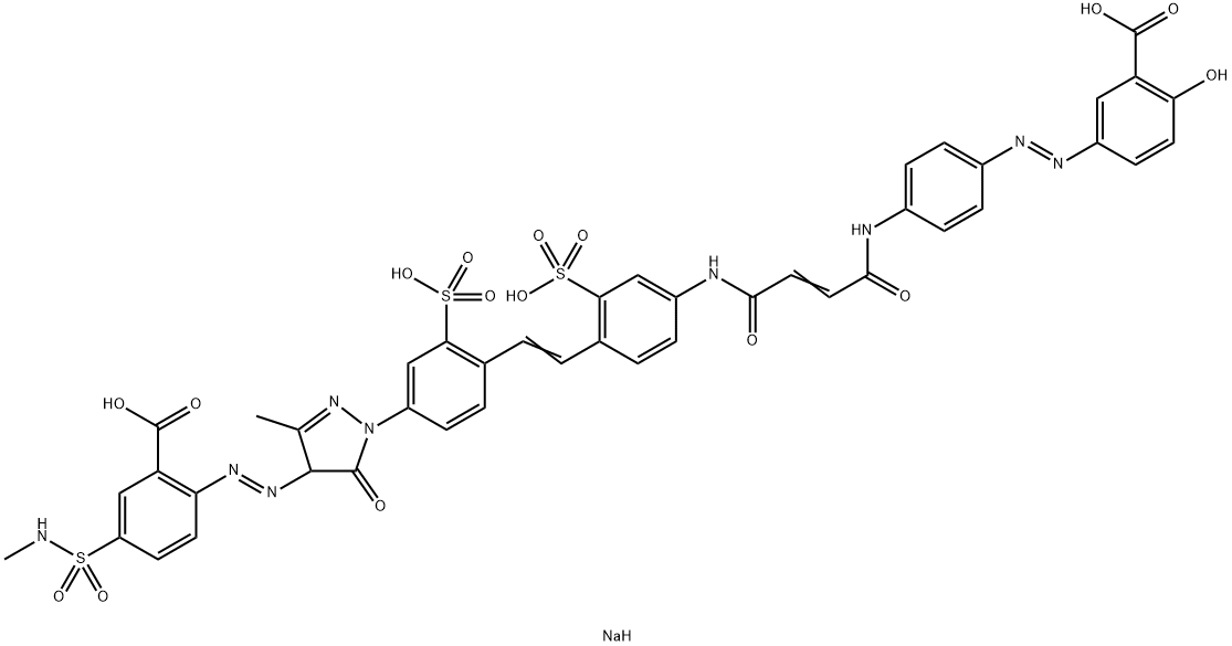 Benzoic acid, 2-[[1-[4-[2-[4-[[4-[[4-[(3-carboxy-4-hydroxyphenyl)azo]phenyl]amino]-1,4-dioxo-2-butenyl]amino]-2-sulfophenyl]ethenyl]-3-sulfophenyl]-4,5-dihydro-3-methyl-5-oxo-1H-pyrazol-4-yl]azo]-5-[(methylamino)sulfonyl]-, tetrasodium salt Struktur