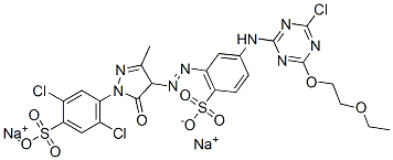 disodium 2,5-dichloro-4-[4-[[3-[[4-chloro-6-(2-ethoxyethoxy)-1,3,5-triazin-2-yl]amino]-6-sulphonatophenyl]azo]-4,5-dihydro-3-methyl-5-oxo-1H-pyrazol-1-yl]benzenesulphonate  Struktur