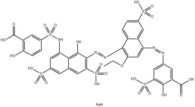 5-[[4-[[8-[[(3-Carboxy-4-hydroxyphenyl)sulfonyl]amino]-1-hydroxy-3,6-disulfo-2-naphthalenyl]azo]-3-ethoxy-7-sulfo-1-naphthalenyl]azo]-2-hydroxy-3-sulfobenzoic acid hexasodium salt,72379-56-7,结构式