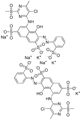 5-[[5-chloro-6-methyl-2-(methylsulphonyl)-4-pyrimidinyl]amino]-4-hydroxy-3-[(2-sulphophenyl)azo]naphthalene-2,7-disulphonic acid, potassium sodium salt,72639-36-2,结构式