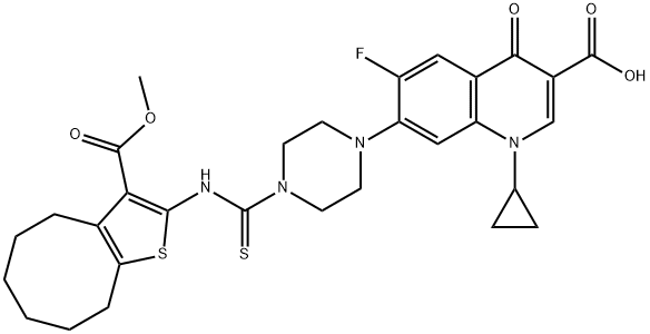 3-Quinolinecarboxylic acid, 1-cyclopropyl-6-fluoro-7-[4-[[[4,5,6,7,8,9-hexahydro-3-(Methoxycarbonyl)cycloocta[b]thien-2-yl]aMino]thioxoMethyl]-1-piperazinyl]-1,4-dihydro-4-oxo- 结构式