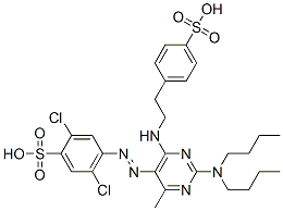 2,5-ジクロロ-4-[[2-(ジブチルアミノ)-4-メチル-6-[[2-(4-スルホフェニル)エチル]アミノ]-5-ピリミジニル]アゾ]ベンゼンスルホン酸 化学構造式