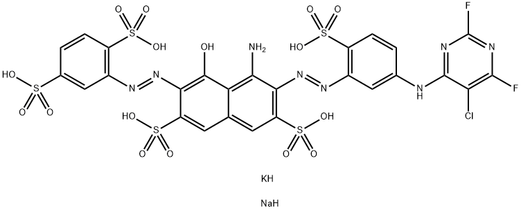 4-氨基-3-[[5-[(5-氯-2,6-二氟-4-嘧啶基)氨基]-2-磺苯基]偶氮]-6-[(2,5-二磺苯基)偶氮]-5-羟基-2,7-萘二磺酸钠钾盐, 72828-70-7, 结构式