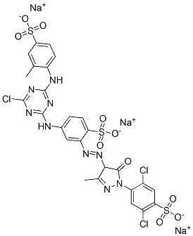 trisodium 4-[[4-chloro-6-[(2-methyl-4-sulphonatophenyl)amino]-1,3,5-triazin-2-yl]amino]-2-[[1-(2,5-dichloro-4-sulphonatophenyl)-4,5-dihydro-3-methyl-5-oxo-1H-pyrazol-4-yl]azo]benzenesulphonate|4-[[4-氯-6-[(2-甲基-4-磺苯基)氨基]-1,3,5-三嗪-2-基]氨基]-2-[[1-(2,5-二氯-4-磺苯基)-4,5-二氢-3-甲基-5-氧代-1H-吡唑-4-基]偶氮]苯磺酸三钠盐