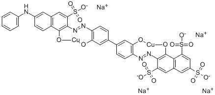 tetrasodium [mu-[7-[[4'-[[6-anilino-1-hydroxy-3-sulpho-2-naphthyl]azo]-3,3'-dihydroxy[1,1'-biphenyl]-4-yl]azo]-8-hydroxynaphthalene-1,3,6-trisulphonato(8-)]]dicuprate(4-)  化学構造式
