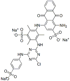 trisodium 1-amino-4-[[3-[[4-chloro-6-[(4-sulphonatophenyl)amino]-1,3,5-triazin-2-yl]amino]-2,4,6-trimethyl-5-sulphonatophenyl]amino]-9,10-dihydro-9,10-dioxoanthracene-2-sulphonate 结构式