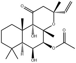 酢酸[[(3R,6aα)-3α-エテニルドデカヒドロ-6β,10bα-ジヒドロキシ-3,4aβ,7,7,10aβ-ペンタメチル-1-オキソ-1H-ナフト[2,1-b]ピラン]-5β-イル] 化学構造式