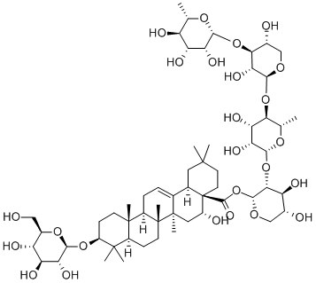 3β-(β-D-グルコピラノシルオキシ)-16α-ヒドロキシオレアナ-12-エン-28-酸2-C-[4-O-[3-O-(6-デオキシ-α-L-マンノピラノシル)-β-D-キシロピラノシル]-6-デオキシ-α-L-マンノピラノシル]-α-D-キシロピラノシル 化学構造式