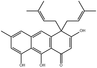 4,5,10-trihydroxy-7-methyl-1,1-bis(3-methylbut-2-enyl)anthracen-2-one 化学構造式