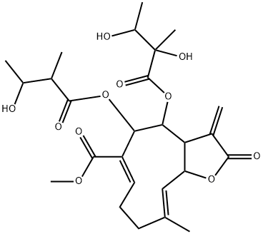 4-(2,3-ジヒドロキシ-2-メチル-1-オキソブトキシ)-2,3,3a,4,5,8,9,11a-オクタヒドロ-5-(3-ヒドロキシ-2-メチル-1-オキソブトキシ)-10-メチル-3-メチレン-2-オキソシクロデカ[b]フラン-6-カルボン酸メチル 化学構造式