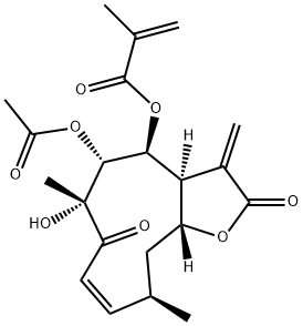 (3aS,4S,5R,6R,8Z,10R,11aR)-5-Acetoxy-2,3,3a,4,5,6,7,10,11,11a-decahydro-6-hydroxy-6,10-dimethyl-4-(2-methylacryloyloxy)-3-methylenecyclodeca[b]furan-2,7-dione Struktur