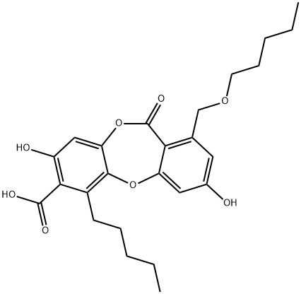 3,8-ジヒドロキシ-1-ペントキシメチル-6-ペンチル-11-オキソ-11H-ジベンゾ[b,e][1,4]ジオキセピン-7-カルボン酸 化学構造式