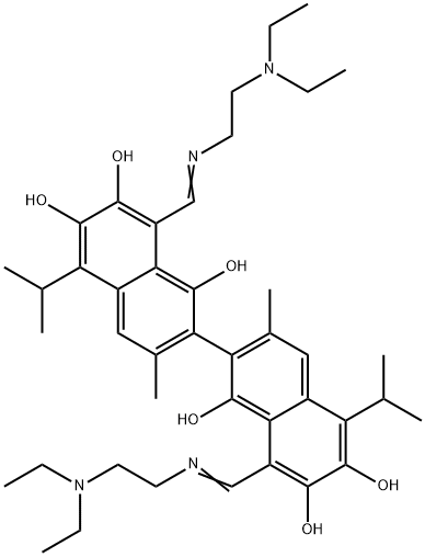 (1Z)-1-[(2-diethylaminoethylamino)methylidene]-7-[(8Z)-8-[(2-diethylaminoethylamino)methylidene]-1,6-dihydroxy-3-methyl-7-oxo-5-propan-2-yl-naphthalen-2-yl]-3,8-dihydroxy-6-methyl-4-propan-2-yl-naphthalen-2-one|