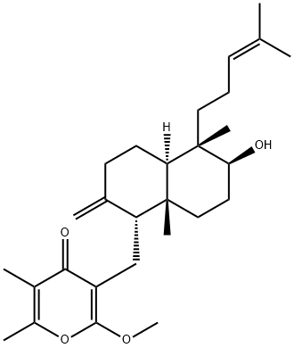 3-[[Decahydro-6-hydroxy-5,8a-dimethyl-2-methylene-5-(4-methyl-3-pentenyl)naphthalen-1-yl]methyl]-2-methoxy-5,6-dimethyl-4H-pyran-4-one Structure