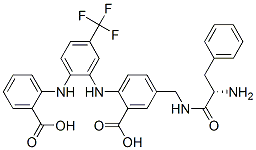 Benzoic  acid,  5-[[[(2S)-2-amino-1-oxo-3-phenylpropyl]amino]methyl]-2-[[2-[(2-carboxyphenyl)amino]-5-(trifluoromethyl)phenyl]amino]- Structure