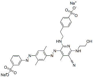 Benzenesulfonic acid,3-[[4-[[5-cyano-6-[(2-hydroxyethyl)amino]-4-methyl-2-[[2-(4-sulfophenyl)ethyl]amino]-3-pyridinyl]azo]-2,5-dimethylphenyl]azo]-,disodium salt|3-[[4-[[5-氰基-6-[(2-羟乙基)氨基]-4-甲基-2-[[2-(4-磺酰基)乙基]氨基]-3-吡啶基]偶氮]2,5-二甲基苯基]偶氮]苯磺酸二钠盐