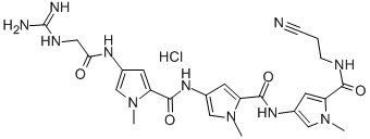 1H-Pyrrole-2-carboxamide, 4-(((4-((((aminoiminomethyl)amino)acetyl)ami no)-1-methyl-1H-pyrrol-2-yl)carbonyl)amino)-N-(5-(((2-cyanoethyl)amino )carbonyl)-1-methyl-1H-pyrrol-3-yl)-1-methyl-, monohydrochloride Struktur