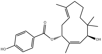 4-ヒドロキシ安息香酸2,5,5,9-テトラメチル-4-ヒドロキシ-2,9-シクロウンデカジエン-1-イル 化学構造式