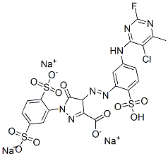 1H-Pyrazole-3-carboxylic acid, 4-[[5-[(5-chloro-2-fluoro- 6-methyl-4-pyrimidinyl)amino]-2-sulfophenyl]azo] -1-(2,5-disulfophenyl)-4,5-dihydro-5-oxo-, trisodium salt 结构式