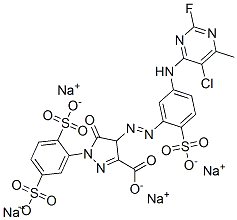 1H-Pyrazole-3-carboxylic acid, 4-[[5-[(5-chloro-2-fluoro- 6-methyl-4-pyrimidinyl)amino]-2-sulfophenyl]azo] -1-(2,5-disulfophenyl)-4,5-dihydro-5-oxo-, tetrasodium salt Struktur