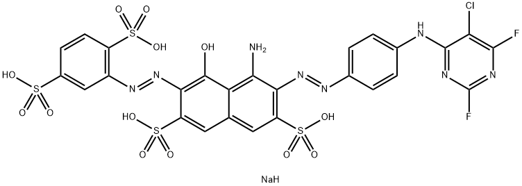 2,7-Naphthalenedisulfonic acid, 4-amino-3-[[4-[(5-chloro- 2,6-difluoro-4-pyrimidinyl)amino]phenyl]azo]-6-[(2 ,5-disulfophenyl)azo]-5-hydroxy-, tetrasodium salt Struktur