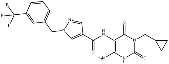 1H-Pyrazole-4-carboxamide,  N-[4-amino-1-(cyclopropylmethyl)-1,2,3,6-tetrahydro-2,6-dioxo-5-pyrimidinyl]-1-[[3-(trifluoromethyl)phenyl]methyl]- Structure