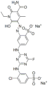 disodium 2-[[5-carbamoyl-1-ethyl-1,6-dihydro-2-hydroxy-4-methyl-6-oxo-3-pyridyl]azo]-4-[[4-[(2-chloro-5-sulphonatophenyl)amino]-6-fluoro-1,3,5-triazin-2-yl]amino]benzenesulphonate Struktur